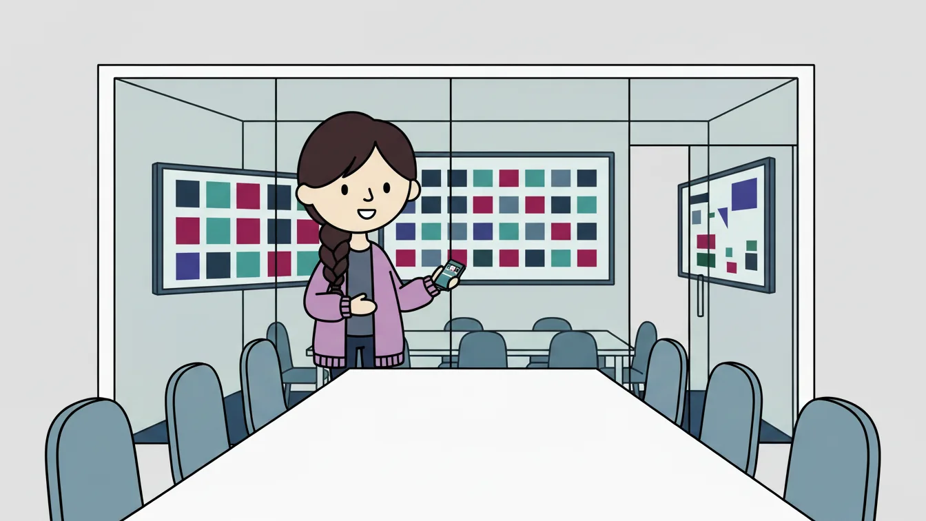 Lena at a wall of colored cards, from The Art of Connection.