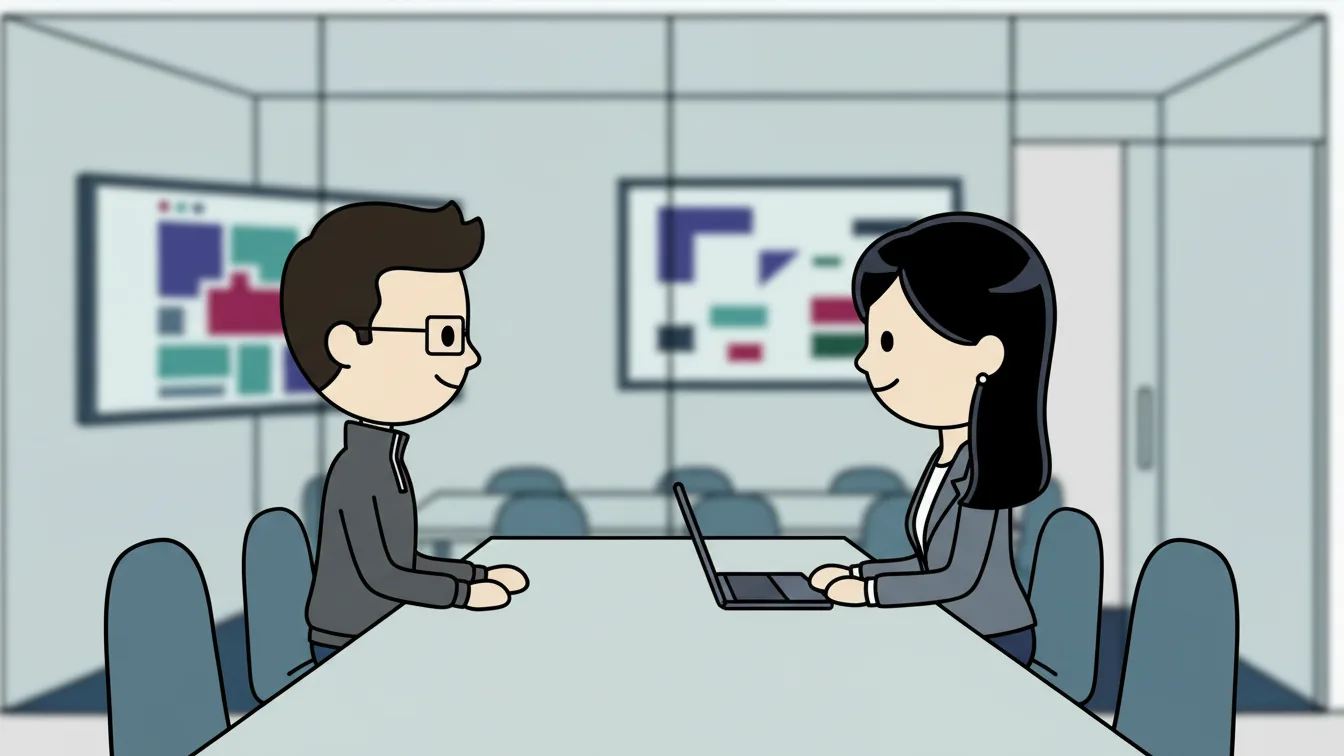 Owen interviewing a candidate across a meeting table, from The Shortlist.